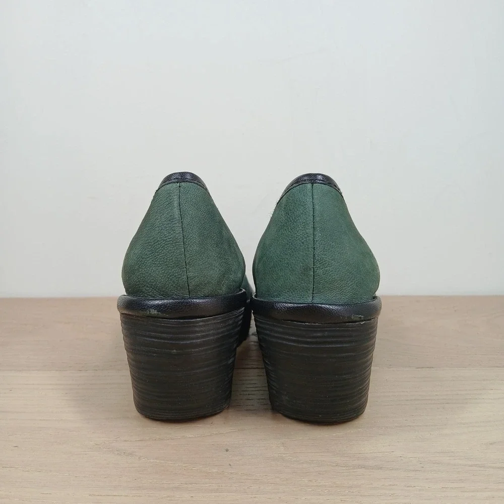Fly London Wedge Pumps Womens 7.5 Green Leather Platform Serrated Sole Shoes